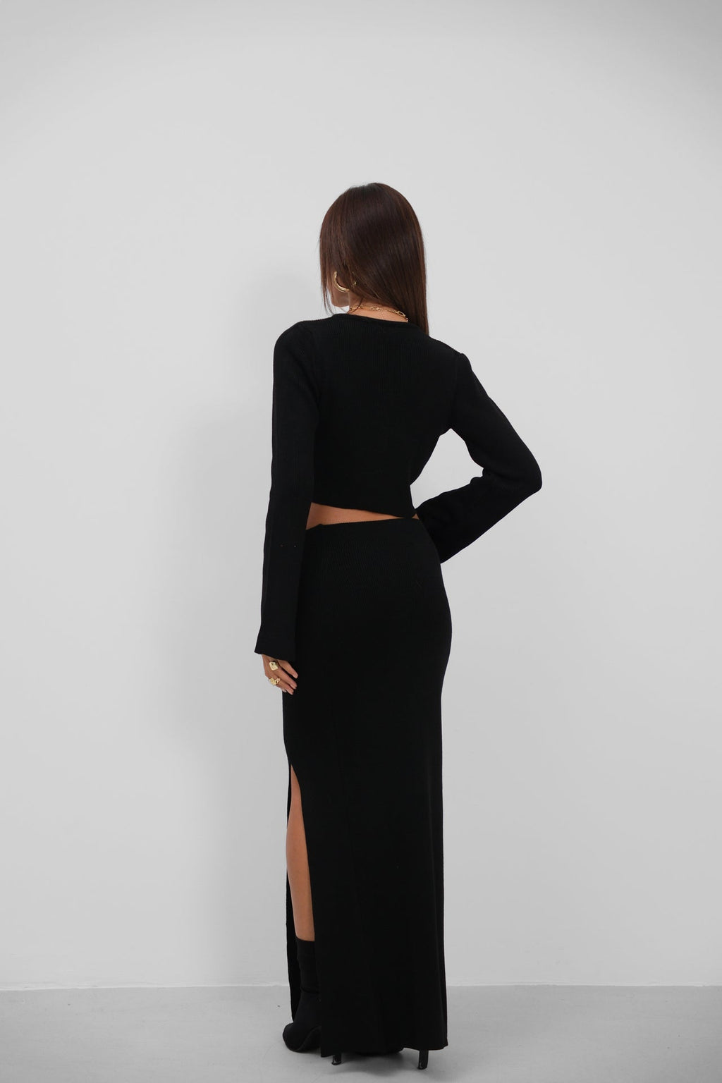Fiyonklu Cardigan Slit Skirt Knit Black Takim