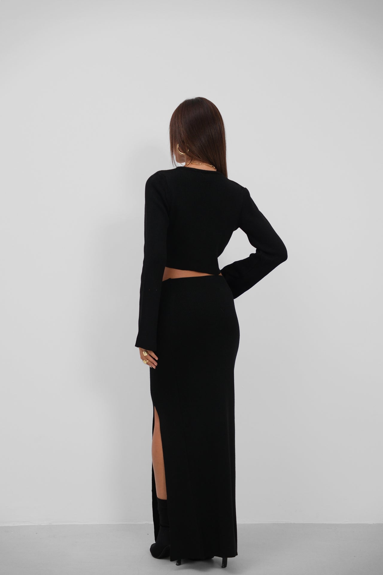 Fiyonklu Cardigan Slit Skirt Knit Black Takim