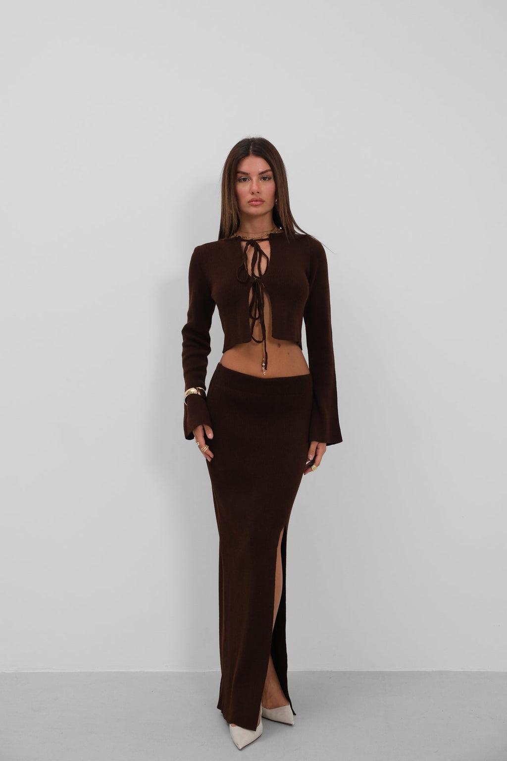 Fiyonklu Cardigan Slit Skirt Knit Brown Takim