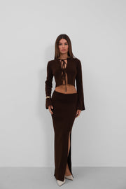 Bow Cardigan Slit Skirt Knitwear Brown Suit