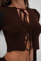 Fiyonklu Cardigan Slit Skirt Knit Brown Takim