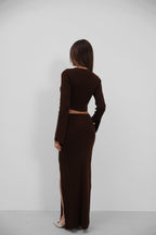 Fiyonklu Cardigan Slit Skirt Knit Brown Takim
