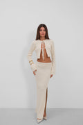 Fiyonklu Cardigan Slit Skirt Knit Ecru Takim