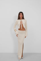 Fiyonklu Cardigan Slit Skirt Knit Ecru Takim