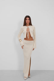 Bow Cardigan Slit Skirt Knitwear Ecru Set