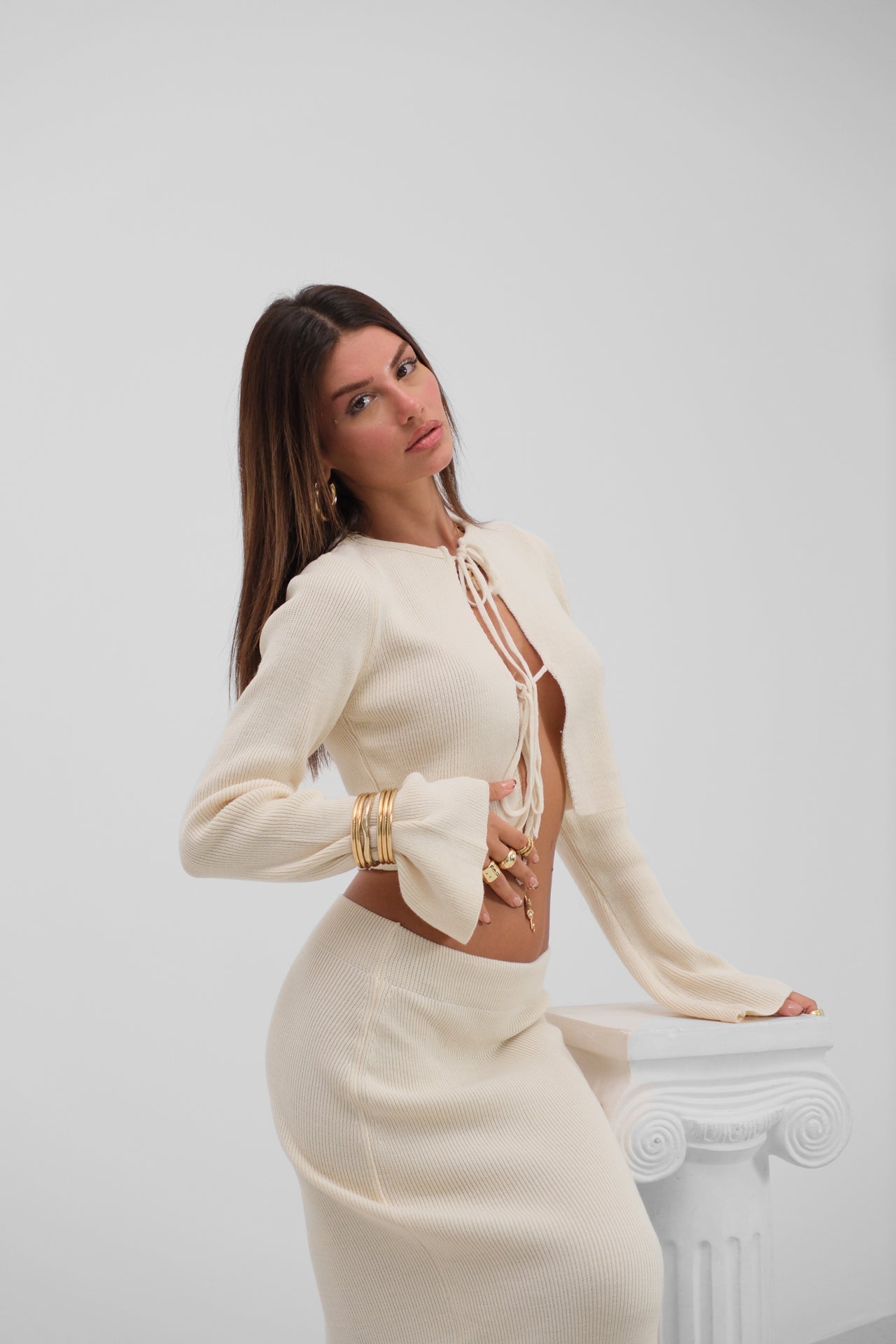 Fiyonklu Cardigan Slit Skirt Knit Ecru Takim