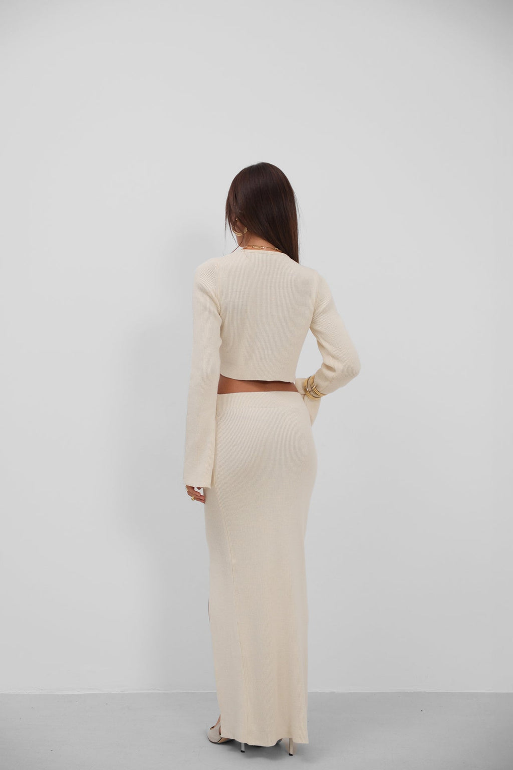 Fiyonklu Cardigan Slit Skirt Knit Ecru Takim