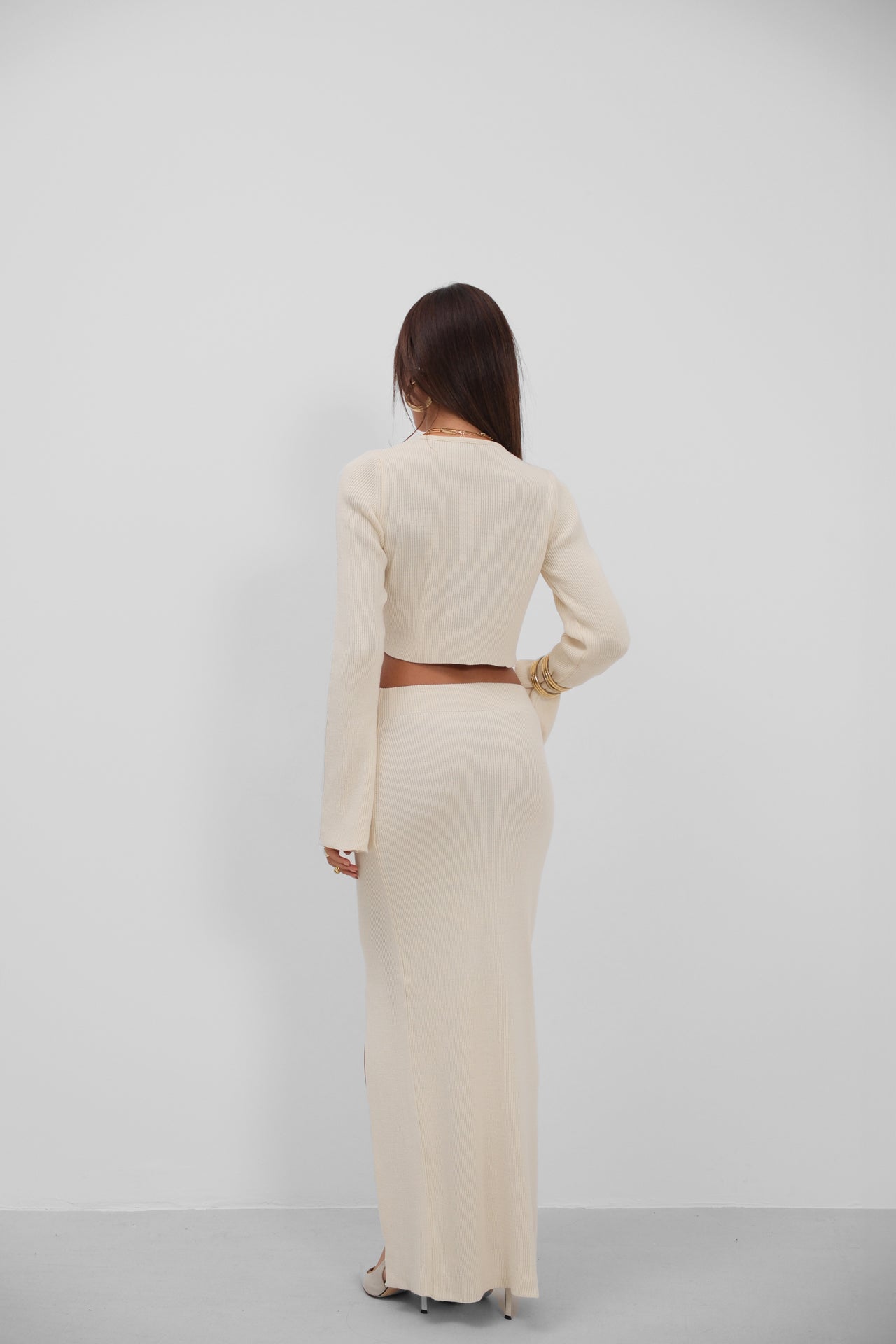 Fiyonklu Cardigan Slit Skirt Knit Ecru Takim