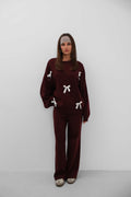 Bow Detail Sweatshirter Pants Knit Burgundy Set