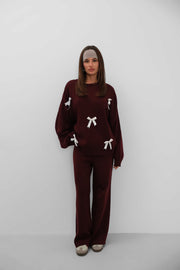 Bowknot Sweater Trousers Knitwear Claret Burgundy Suit