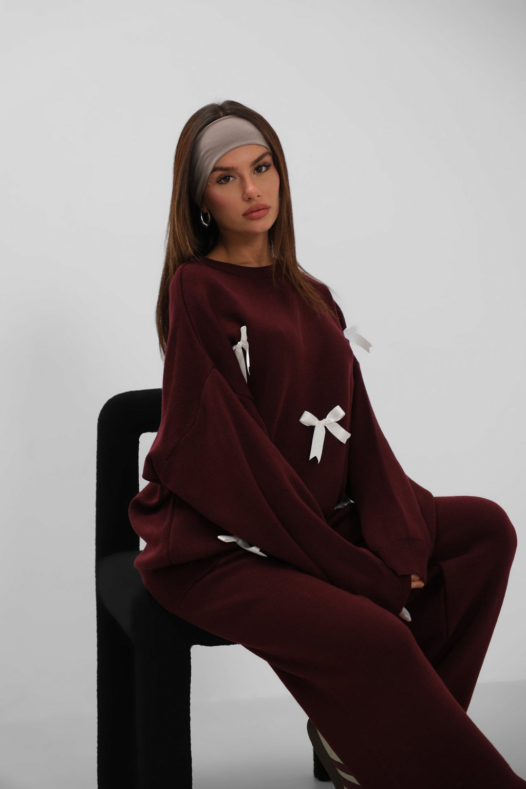 Bow Detail Sweatshirter Pants Knit Burgundy Set