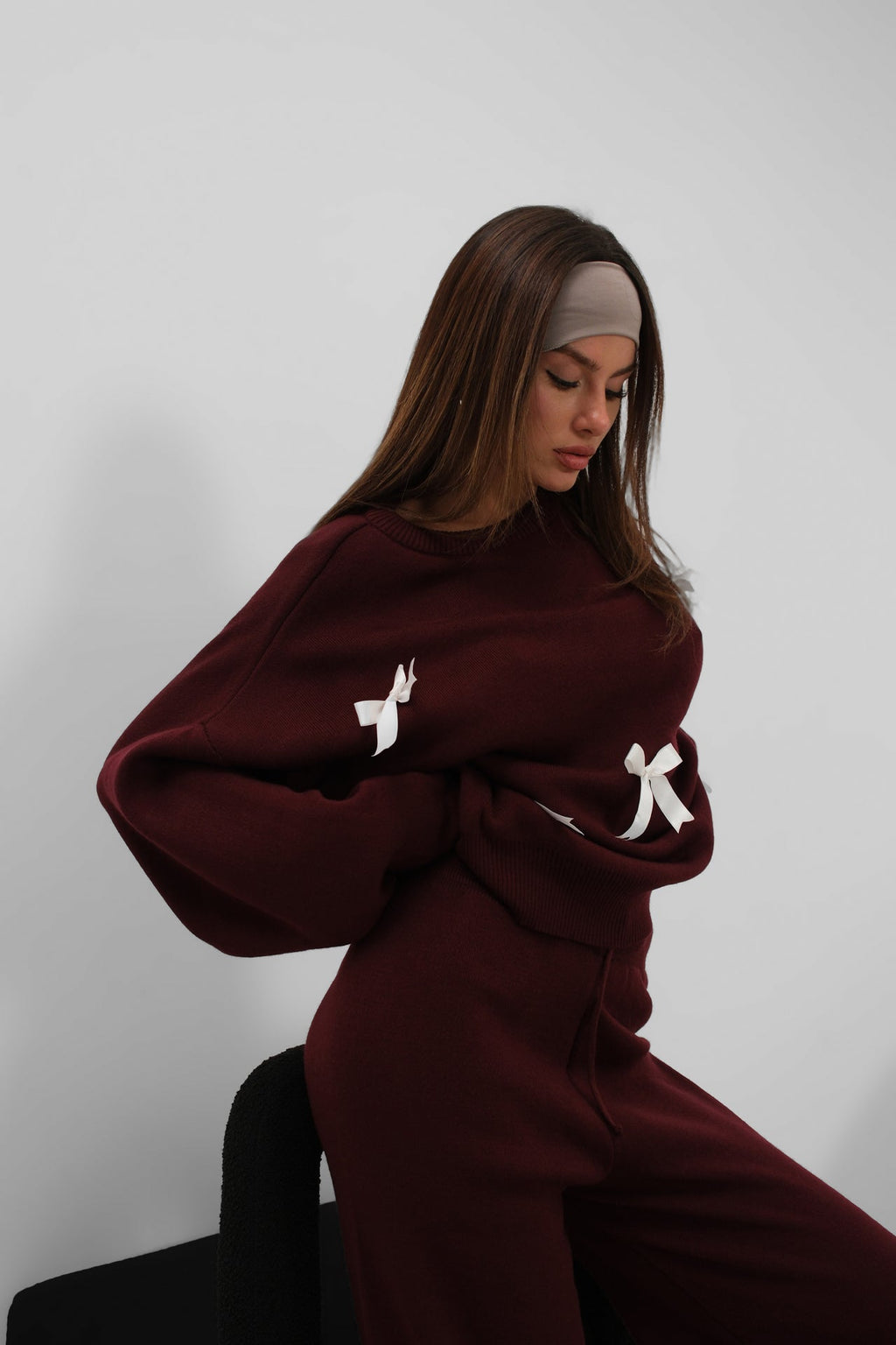Bow Detail Sweatshirter Pants Knit Burgundy Set