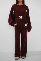 Bow Detail Sweatshirter Pants Knit Burgundy Set