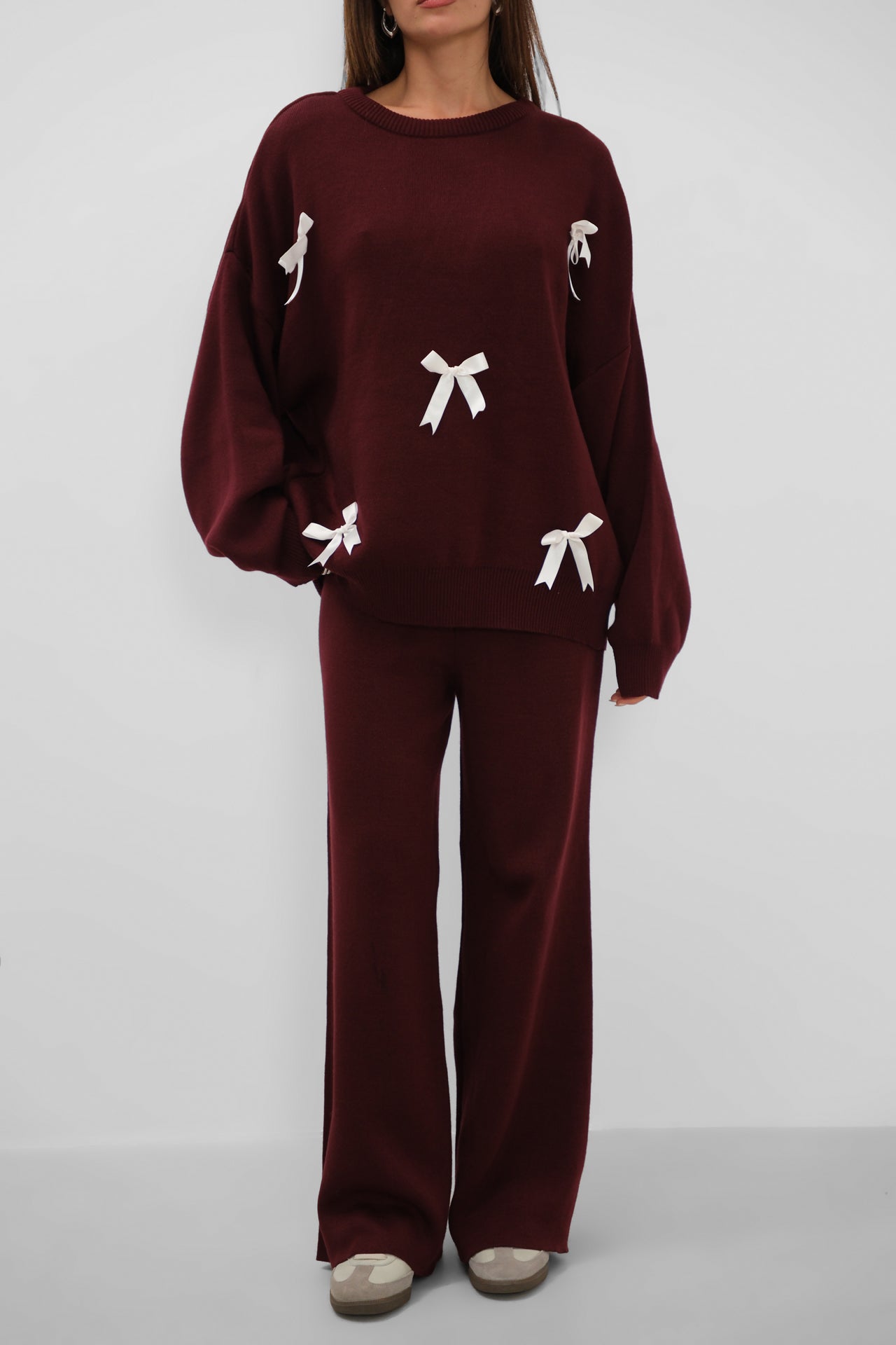 Bow Detail Sweatshirter Pants Knit Burgundy Set