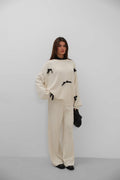 Bow Detail Sweatshirter Pants Knit Ecru Set