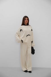 Bowknot Sweater Trousers Knitwear Ecru Set