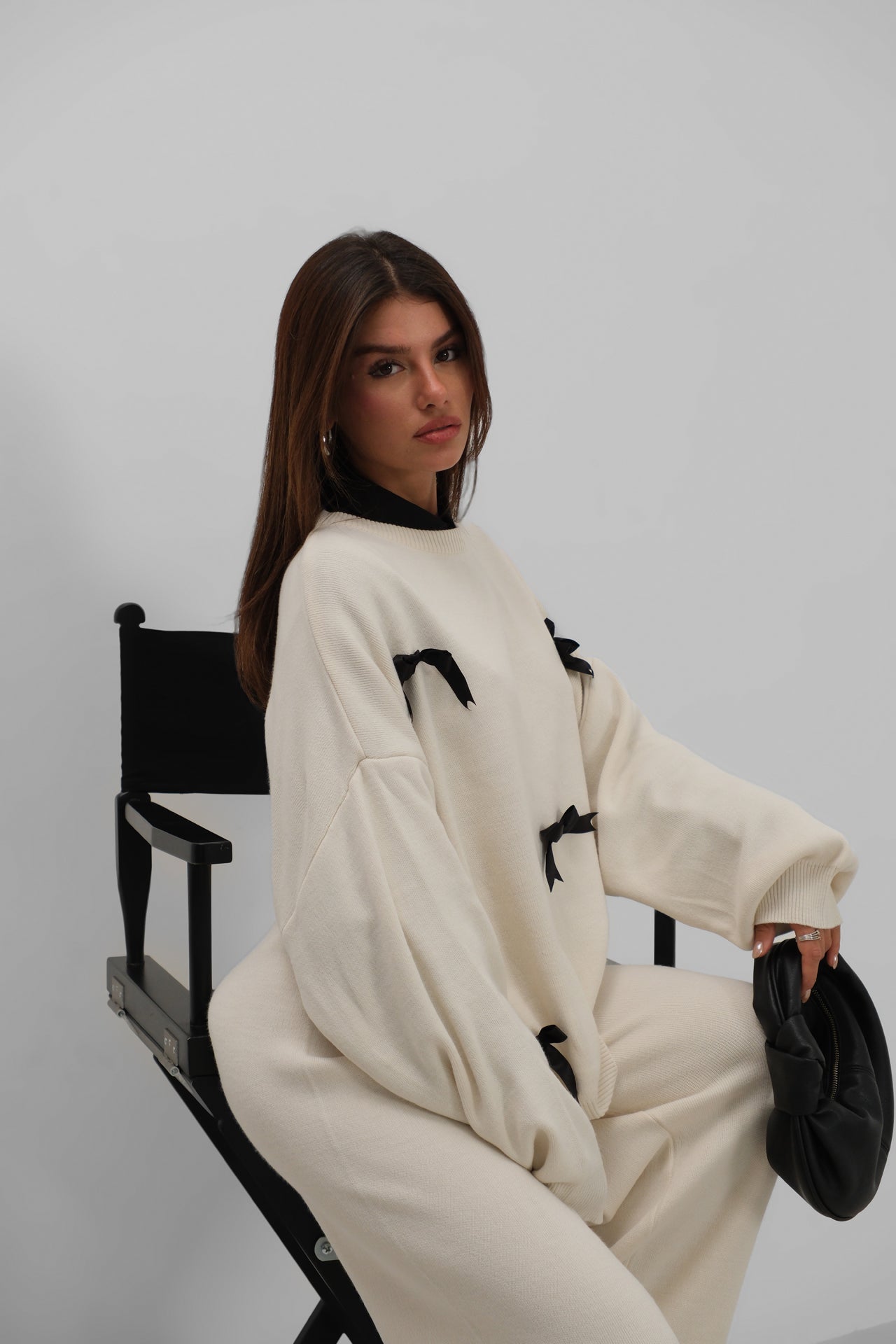 Bow Detail Sweatshirter Pants Knit Ecru Set