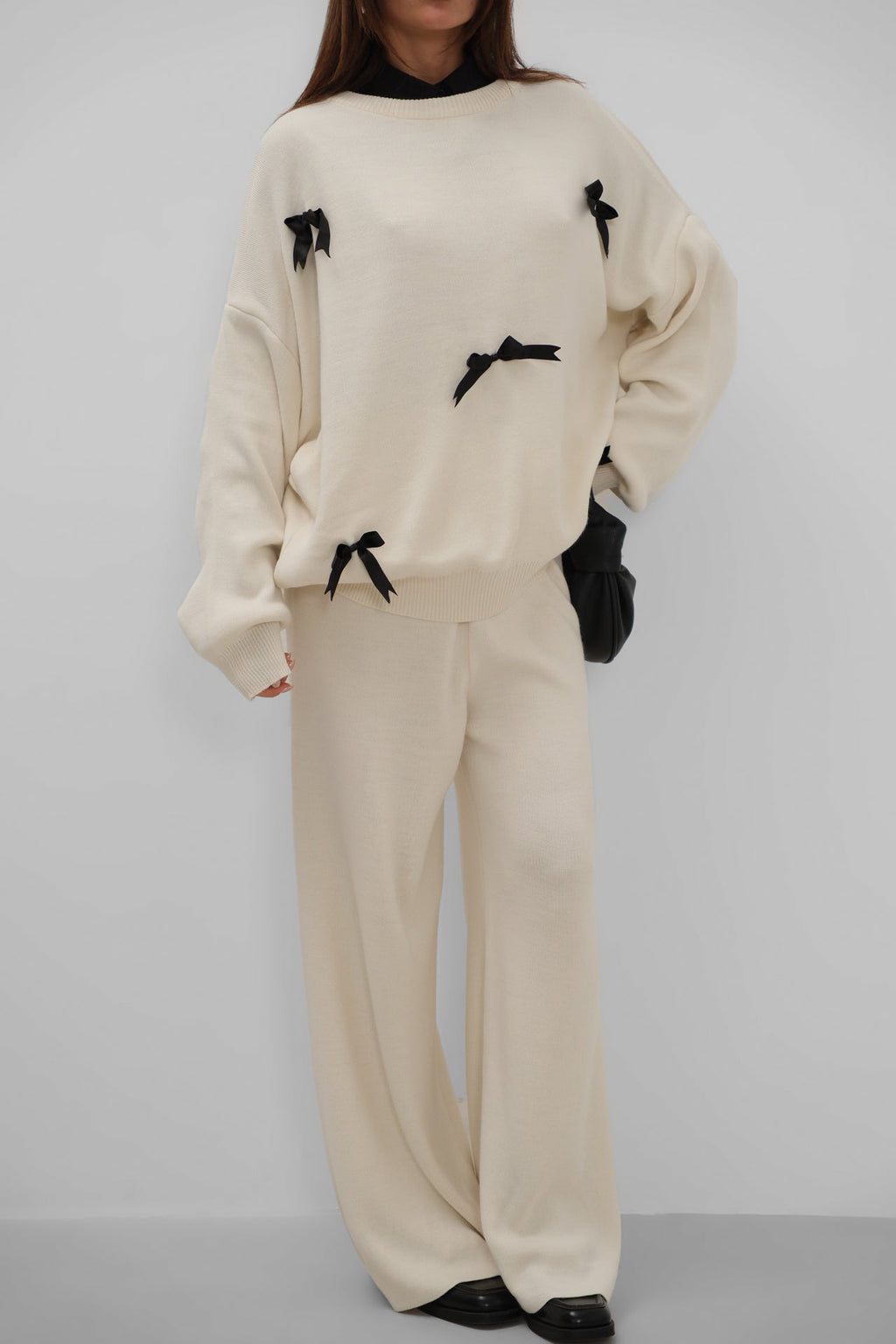 Bow Detail Sweatshirter Pants Knit Ecru Set