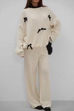 Bow Detail Sweatshirter Pants Knit Ecru Set