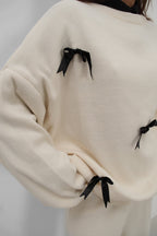 Bow Detail Sweatshirter Pants Knit Ecru Set