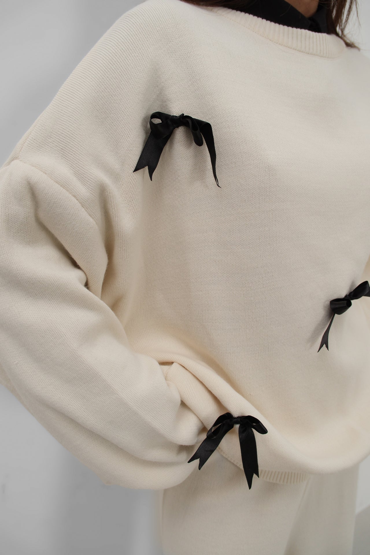 Bow Detail Sweatshirter Pants Knit Ecru Set