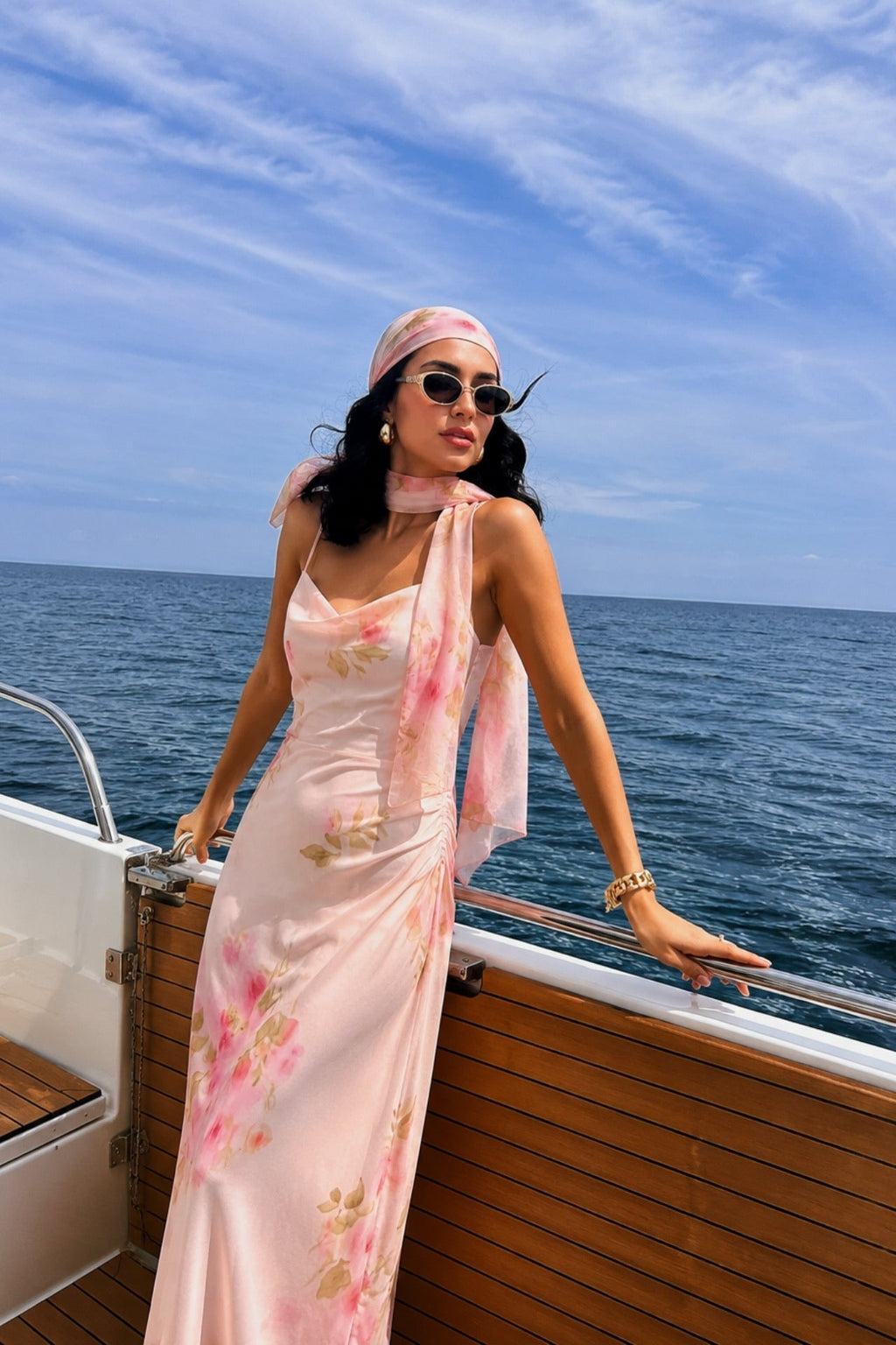 Scarf Detail Printed Pink Maxi Tulle Dress