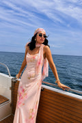 Scarf Detail Printed Pink Maxi Tulle Dress