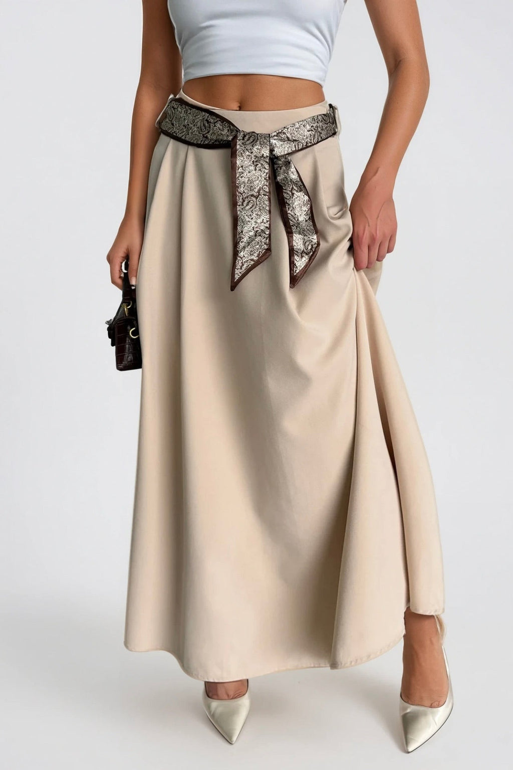 Scarf Detail Maxi Beige Weave Skirt