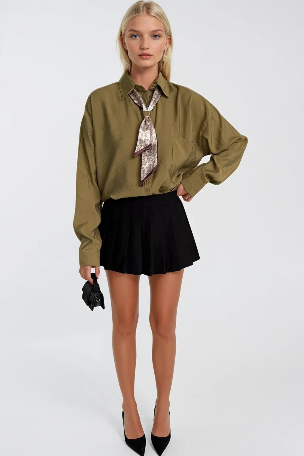 Scarf Detail Khaki Oversize Modal Shirt