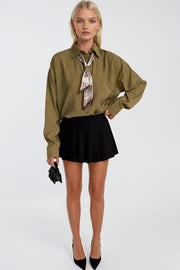 Scarf Detail Khaki Oversized Modal Shirt