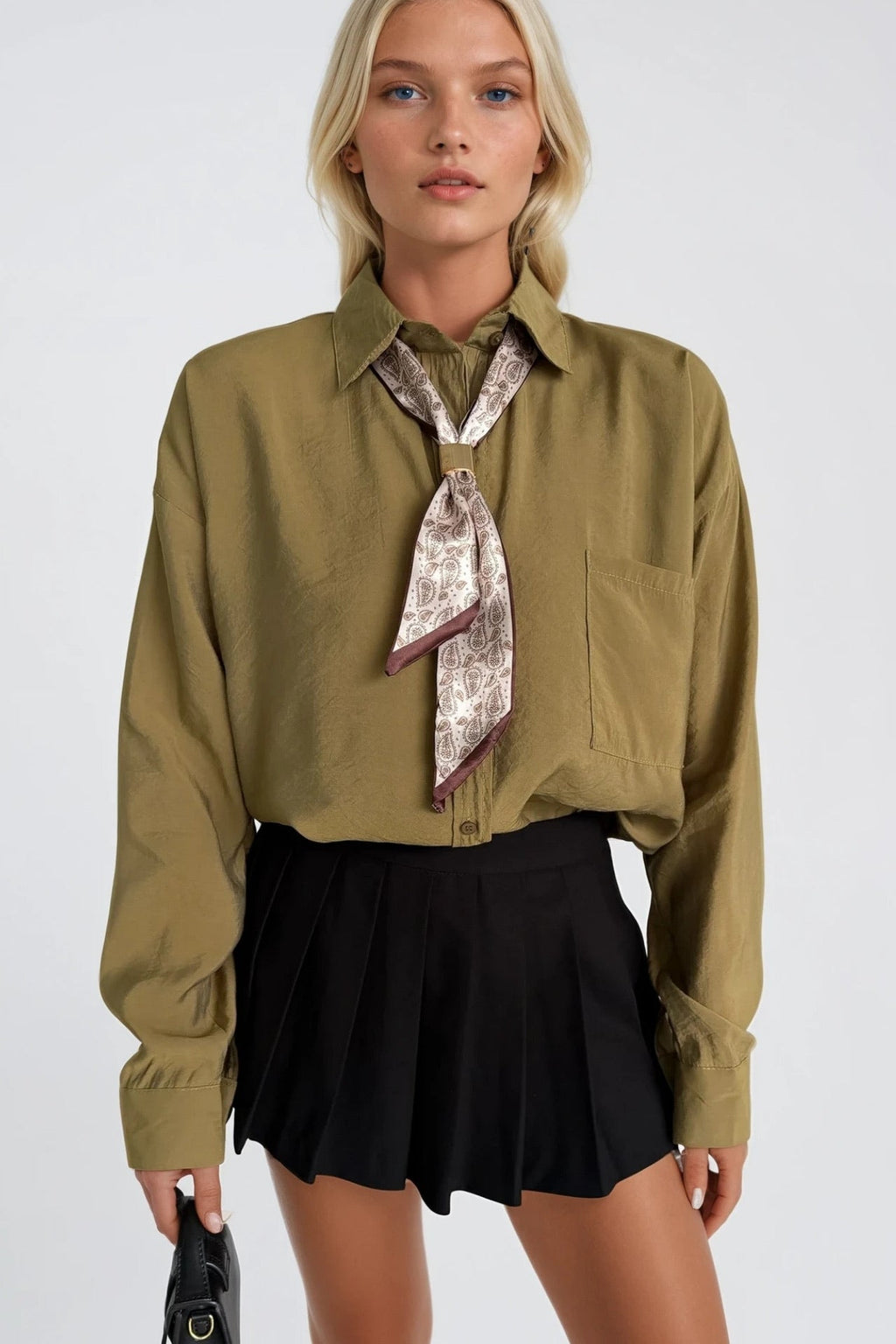 Scarf Detail Khaki Oversize Modal Shirt