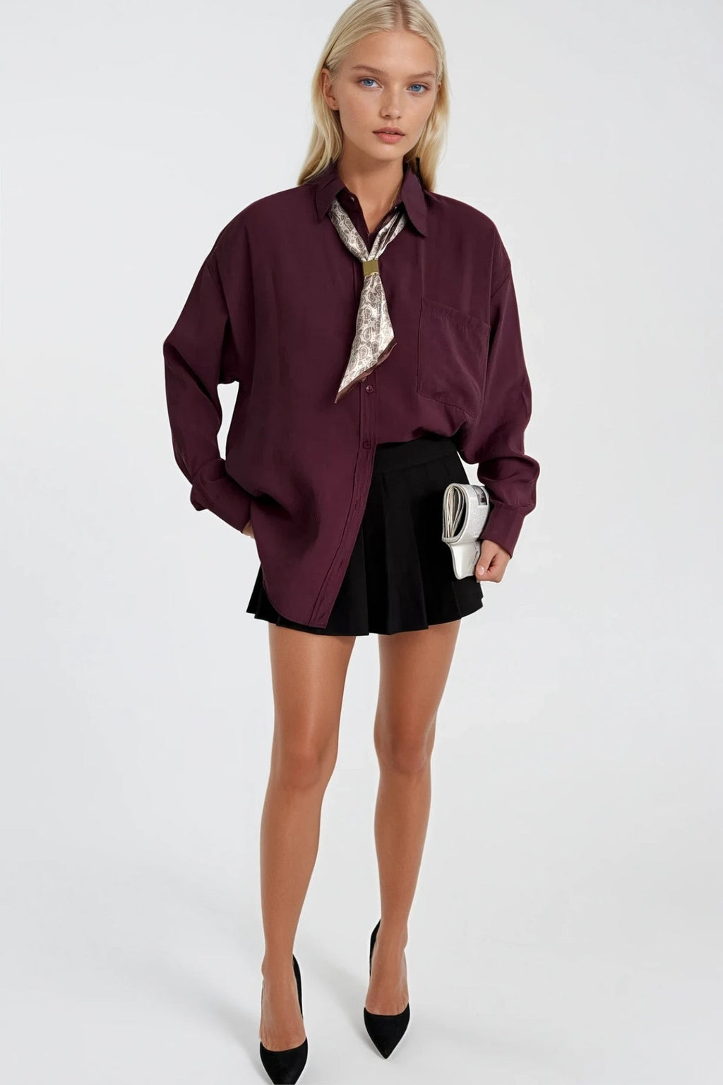 Scarf Detail Plum Oversize Modal Shirt