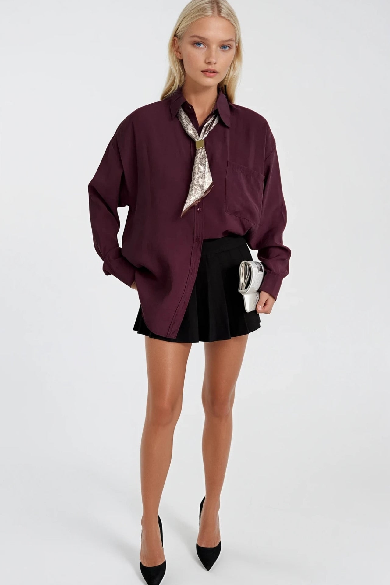 Scarf Detail Plum Oversize Modal Shirt