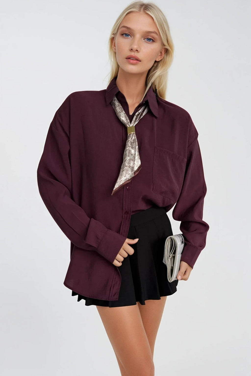 Scarf Detail Plum Oversize Modal Shirt