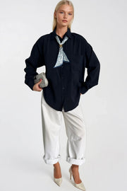 Scarf Detail Navy Oversized Modal Shirt