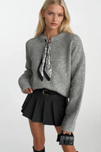 Scarf Detail Gray Knit Sweater