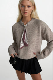 Beige Knitted Sweater with Scarf Detail