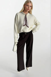 Ecru Knit Sweater with Scarf Detail