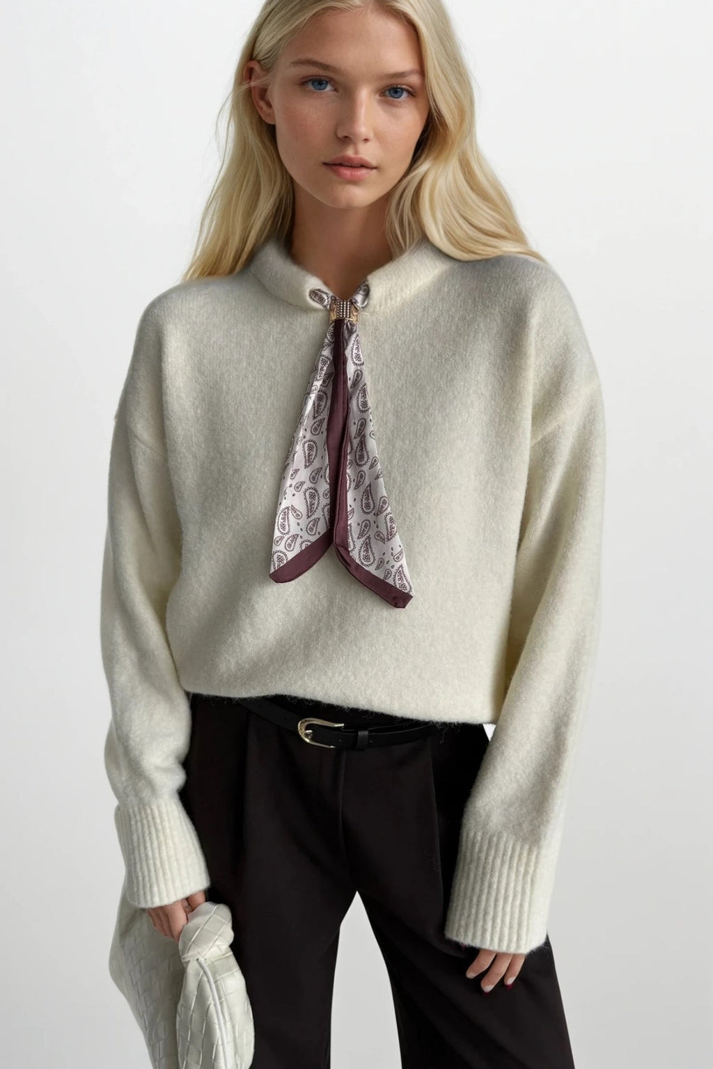 Scarf Detail Ecru Knit Sweater