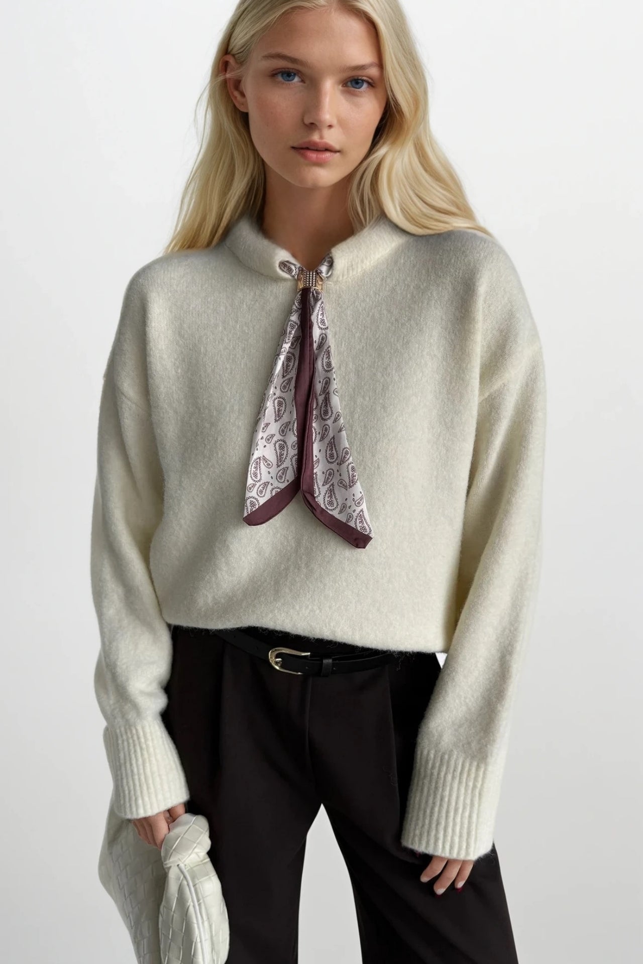 Scarf Detail Ecru Knit Sweater