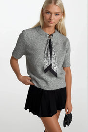 Gray Knit Blouse with Scarf Detail and Half Sleeves