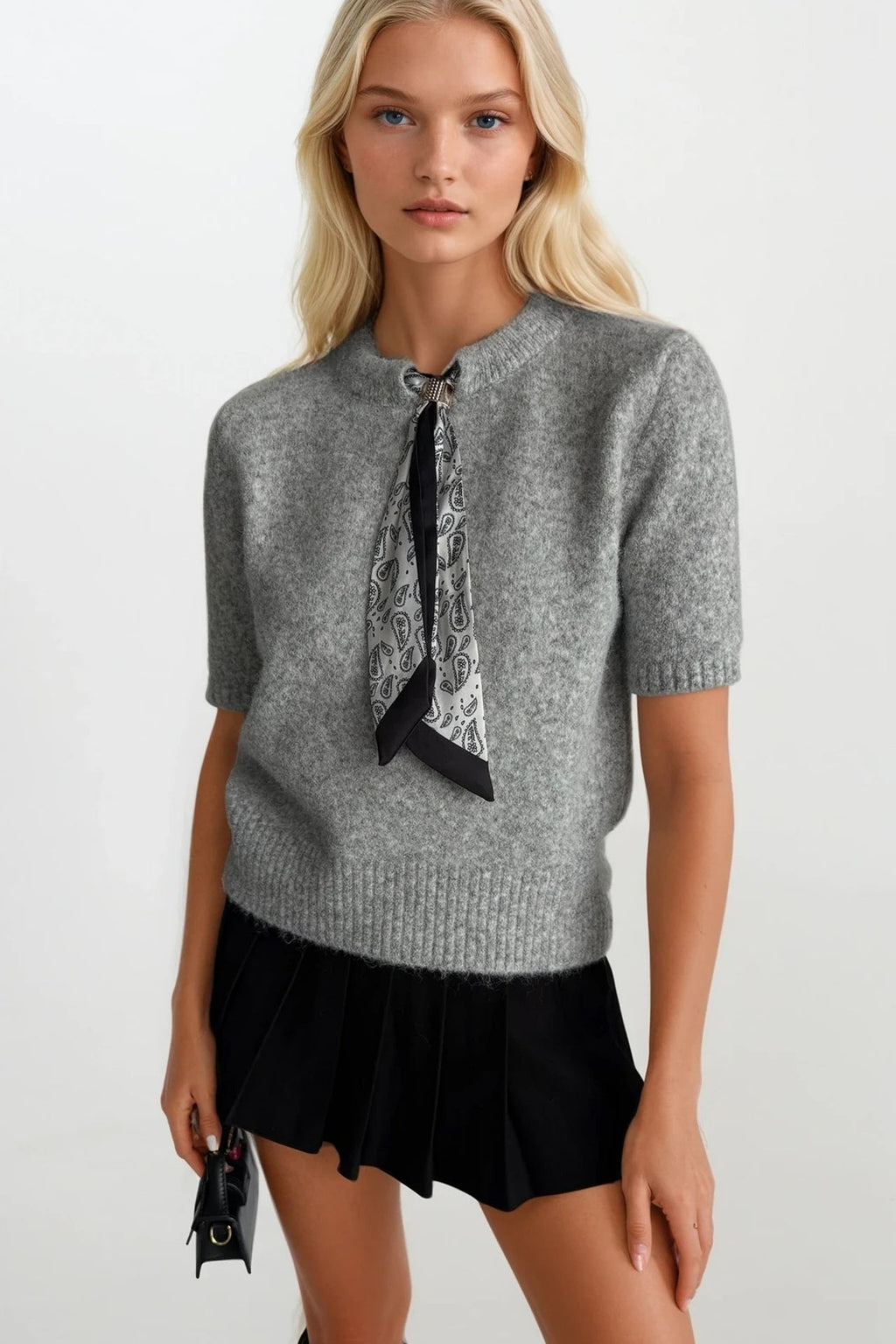 Scarf Detail Half Sleeve Gray Knit Blouse