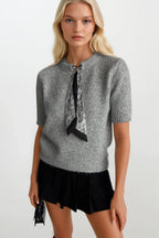 Scarf Detail Half Sleeve Gray Knit Blouse