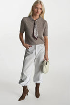 Scarf Detail Half Sleeve Beige Knit Blouse