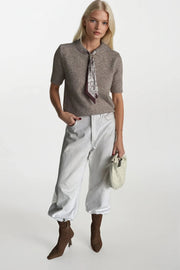 Scarf Detail Half Sleeve Beige Knit Blouse