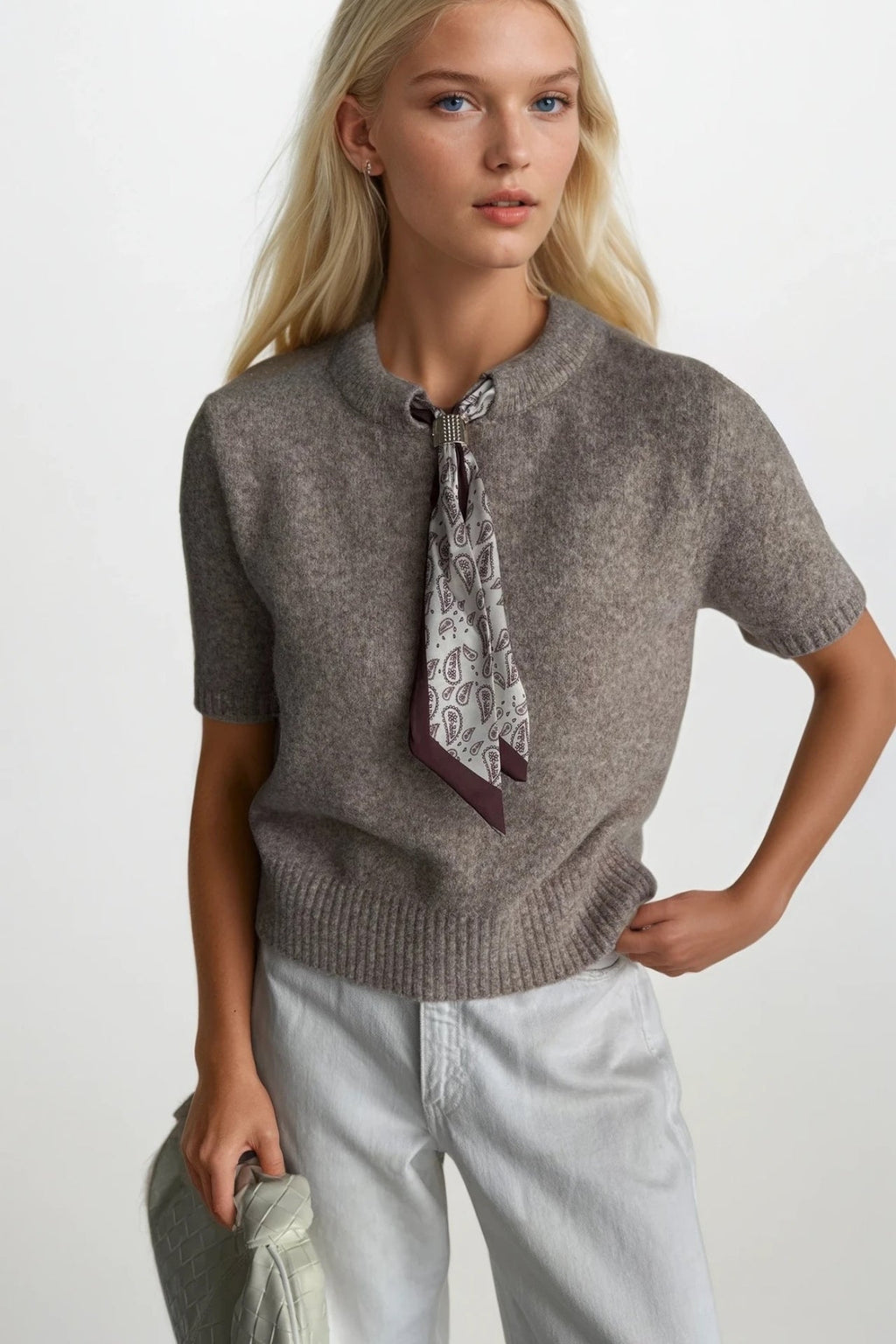Scarf Detail Half Sleeve Beige Knit Blouse