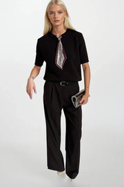 Brown Knitted Blouse with Scarf Detail and Half Sleeves