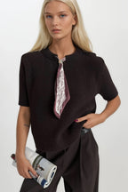 Scarf Detail Half Sleeve Brown Knit Blouse
