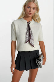 Ecru Half-Sleeve Knit Blouse with Scarf Detail