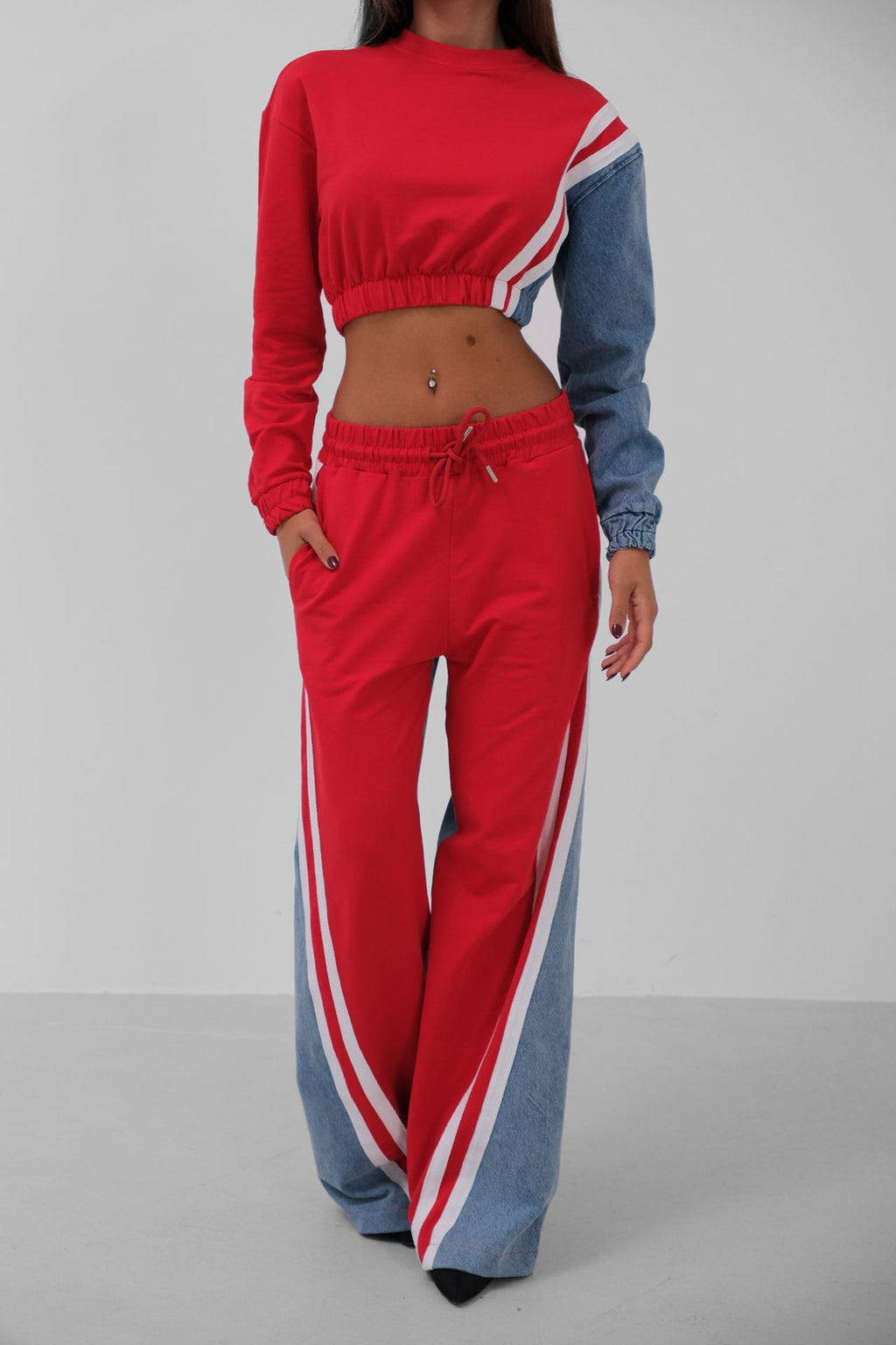 Red Garnili Denim Tracksuit Takim